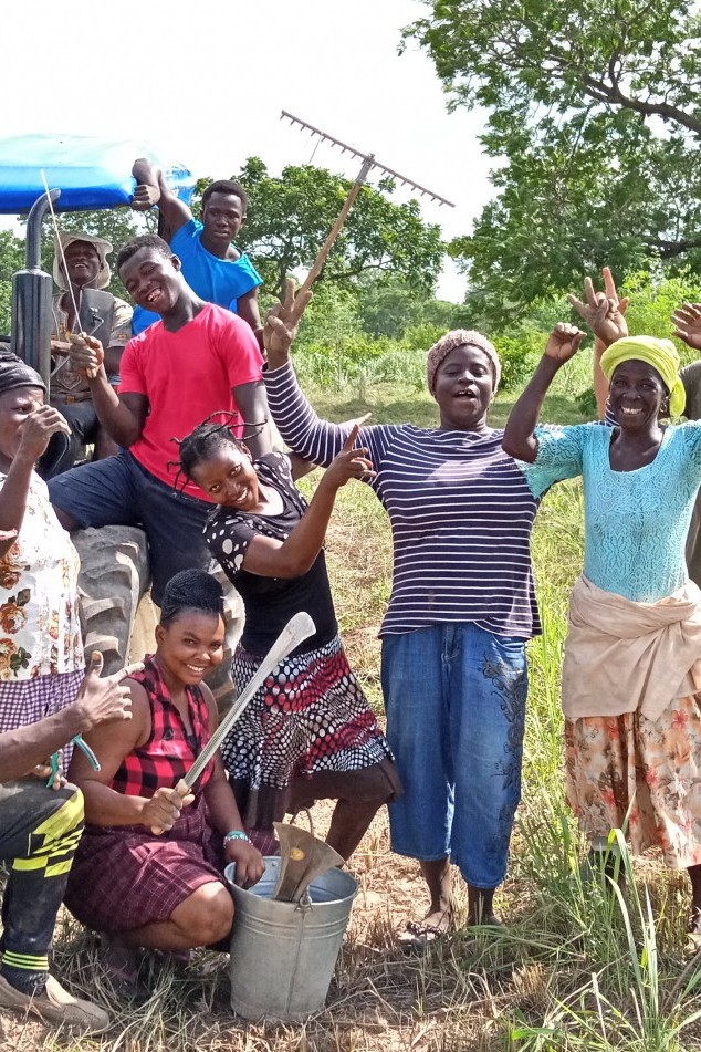 Employees and tractor planting the seedlings