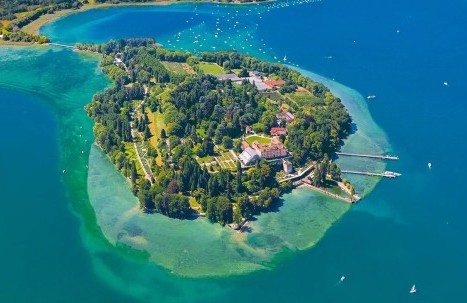 Aerial view of Mainau Island on Lake Constance, surrounded by water and nature.