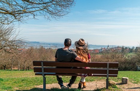 A couple sitting on a bench, peacefully enjoying the scenic view over Lake Constance on a clear day