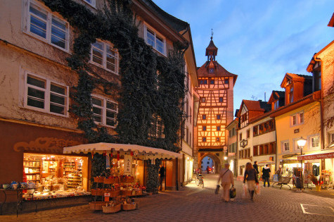 Historic city gate Schnetztor in Konstanz featuring a prominent tower and medieval half-timbered architecture